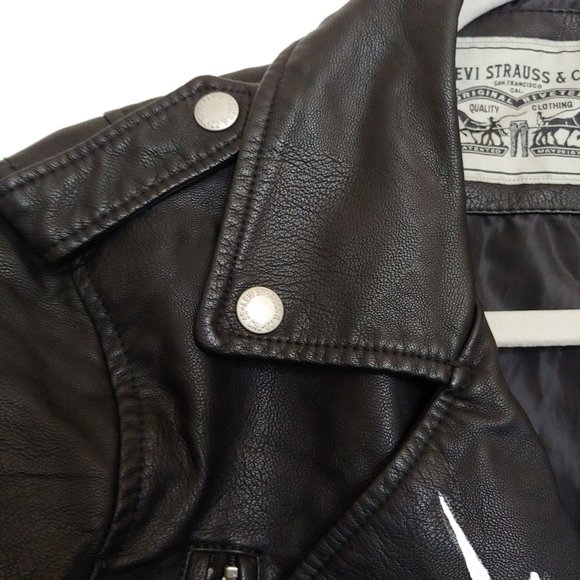 Levi's faux leather bomber jacket painted Saints & Sinners graphic on back.  Med - Picture 7 of 16